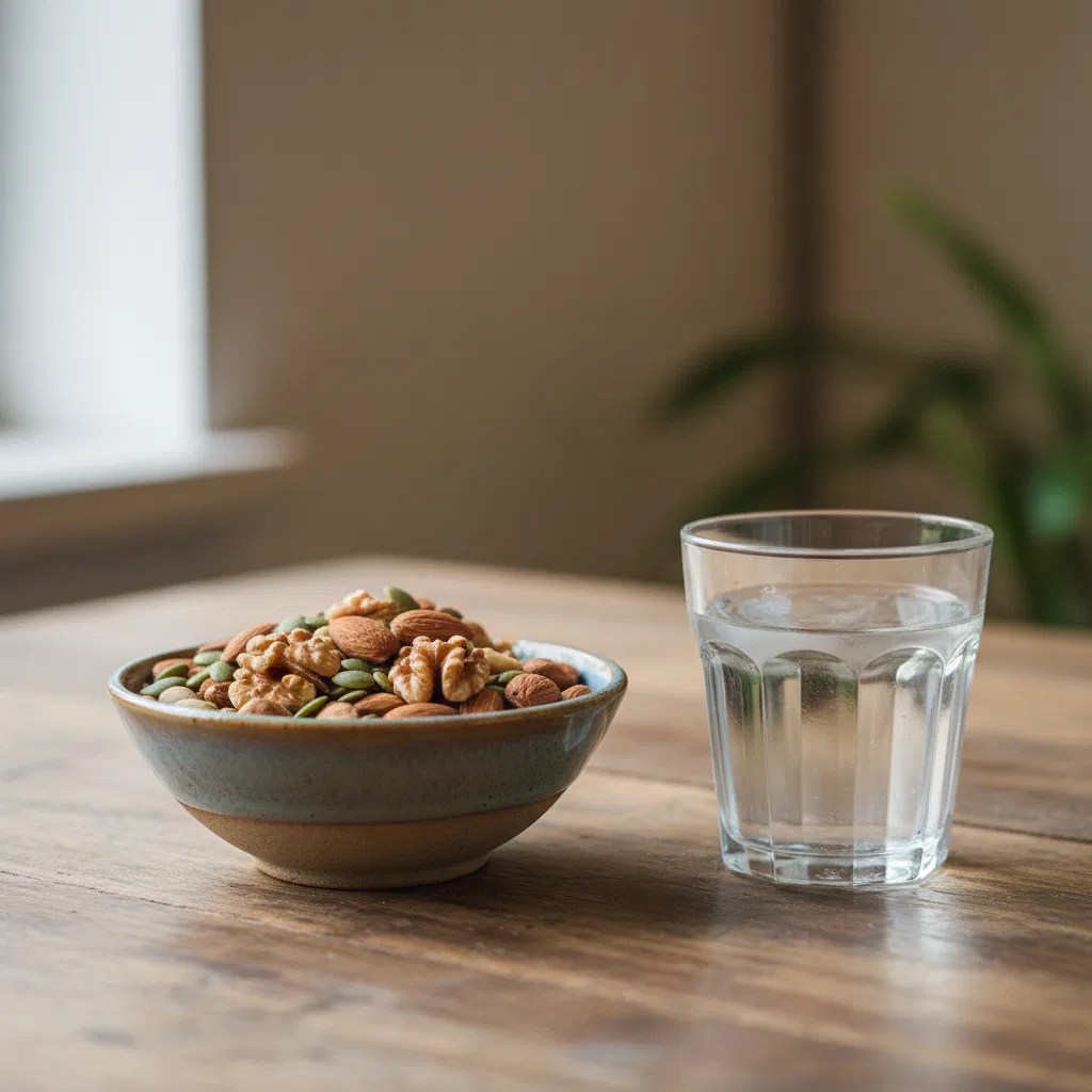 Zink tabletten, selenium capsules en pompoenpitten op een donkere stenen ondergrond