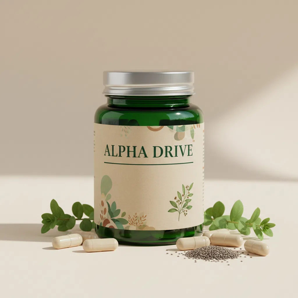 Alpha Drive donkerblauwe supplementenfles met goudkleurige dop